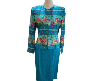 Adrianna Papell jaren 80 zijden rokkostuum set bloemenprint jas 8 rok 6 vintage