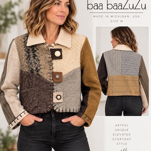 May include: A cropped jacket featuring a patchwork design of various wool-like textures in shades of cream, brown, gray, and olive green. The front displays three large, distinct buttons and visible blanket stitching. The back shows a multi-patterned panel.