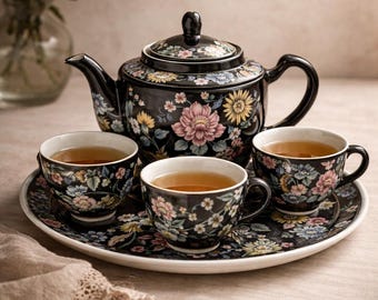 Famille Noir, Black Floral Tea Set, (6pcs), Mun Shou, Porcelain