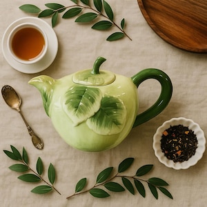 May include: A light green ceramic teapot with leaf details, a matching cup of tea, and a small dish of loose tea. A gold spoon and sprigs of greenery are arranged around the tea set on a neutral surface.