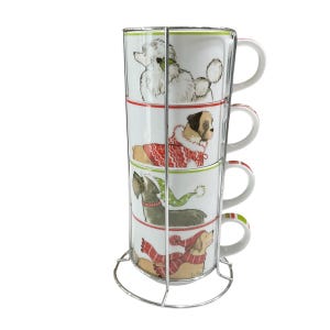 May include: A stackable mug set featuring four white mugs with dog illustrations. Each mug has a different dog breed, some wearing festive attire. The set includes a metal stand for storage and display.