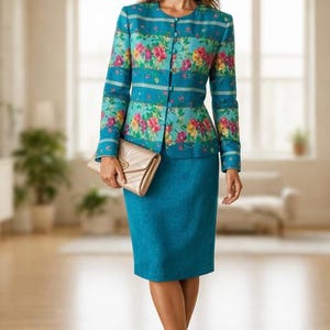 May include: A teal skirt suit with a floral print jacket. The jacket has a round neckline and button closure. The floral pattern includes pink, yellow, and red flowers. A beige clutch and matching heels complete the outfit.