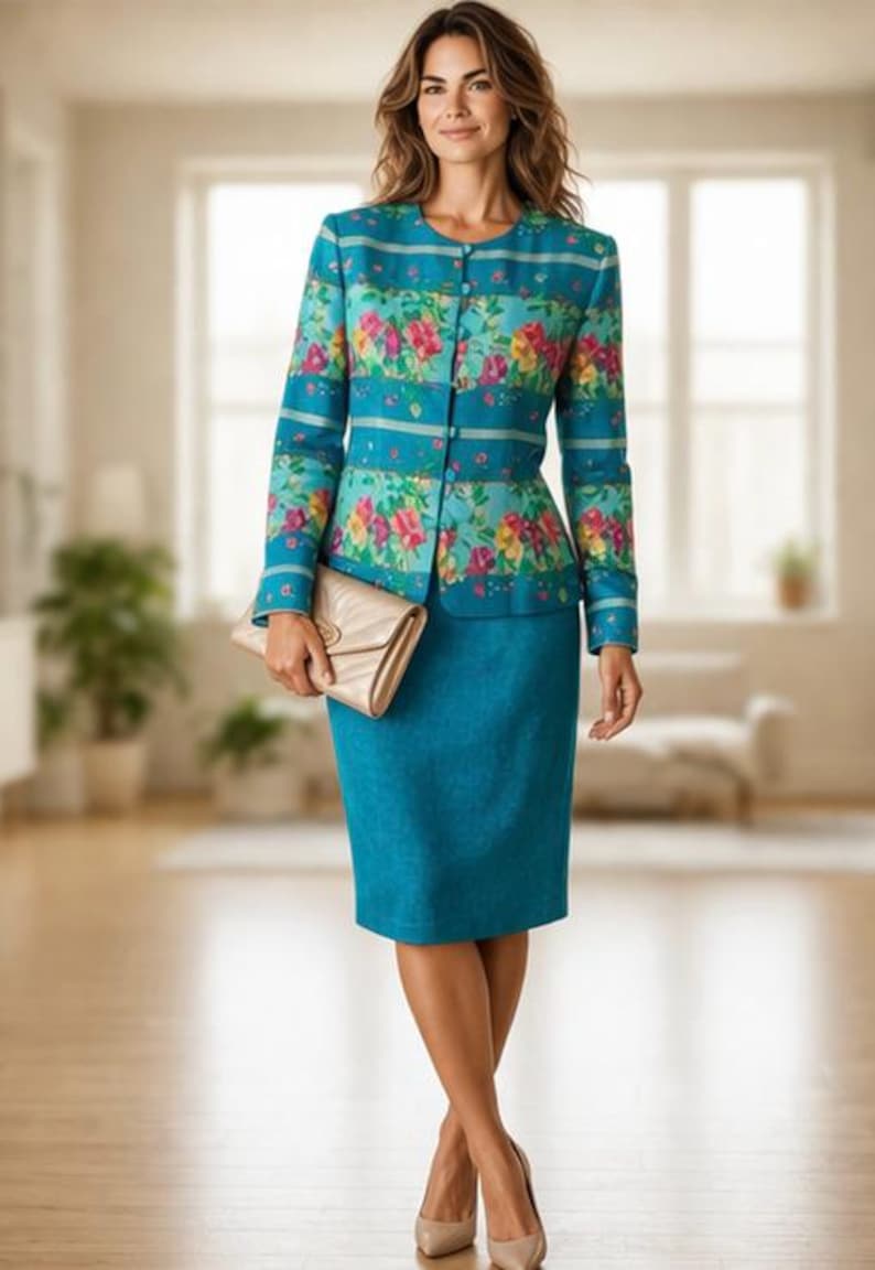 May include: A teal skirt suit with a floral print jacket. The jacket has a round neckline and button closure. The floral pattern includes pink, yellow, and red flowers. A beige clutch and matching heels complete the outfit.