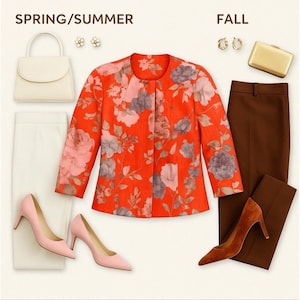 May include: A fashion flat lay featuring a red floral print jacket, white skirt, and pink heels, representing a spring/summer outfit. A white handbag and earrings are also included. A fall outfit includes brown pants and heels, and a gold clutch.