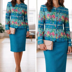 May include: A two-piece teal suit featuring a floral print jacket and a matching pencil skirt. The jacket has a round neckline and button closures. A light pink clutch and beige heels complete the ensemble. The outfit is suitable for business or formal occasions.