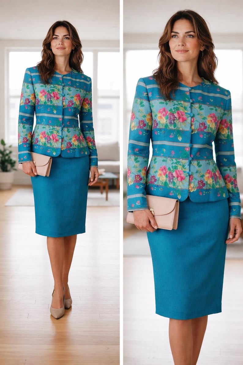 May include: A two-piece teal suit featuring a floral print jacket and a matching pencil skirt. The jacket has a round neckline and button closures. A light pink clutch and beige heels complete the ensemble. The outfit is suitable for business or formal occasions.