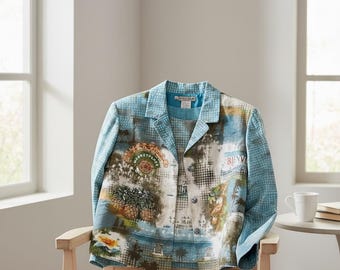 Conjunto vintage de 2 piezas de Nancy Bolen de los años 90, talla XL, chaqueta tropical costera y conchas, estilo playero artístico.