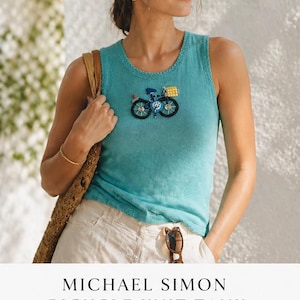 Vintage Michael Simon Beaded Bicycle Tank Aqua Knit Top Whimsical Art Sweater Vest S