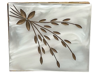 Compact et miroir en nacre dorée avec décor de blé doré années 50