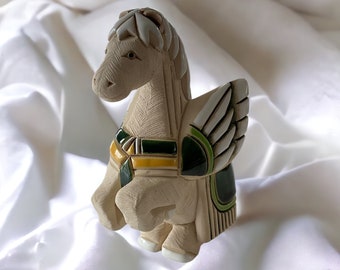 Vintage 1980s Artesania Rinconada Pegasus Figurine - Adult Male Rearing Up - Green White Ceramic - Hand Carved