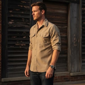 May include: A tan button-down shirt with two chest pockets and a military rank insignia on the left sleeve. The shirt is paired with dark blue jeans. A wristwatch is visible on the left wrist.