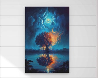 Painting Of A Tree On Fire On A Lake At Night, Digital Print Of Painting On Ready-to-hang Canvas, Beautiful Colors, Living Room Decor