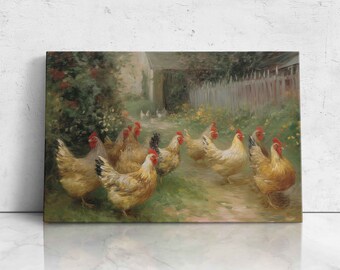 Chickens On A Farm Oil Painting | Post Impressionism | Digital Print On Canvas | Farmhouse Decor | Rustic Wall Art