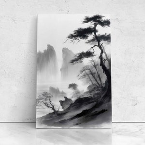 Black And White Chinese Landscape Painting, Black Ink Wash Painting, Ready To Hang Canvas