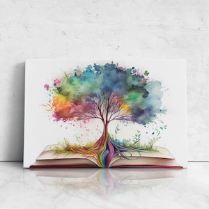 May include: A watercolor painting of a colorful tree growing out of an open book. The tree's roots are rainbow colored and the leaves are shades of blue, green, and purple.