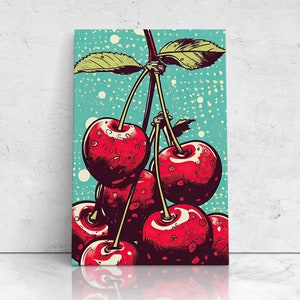 Cherry Pop Art Painting On Canvas, Digital Print, Modern Contemporary Pop Art, Retro Comic Book Wall Art