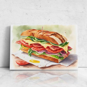 Watercolor Italian Sandwich Painting On Canvas, Digital Print, Ready To Hang, Kitchen Decor