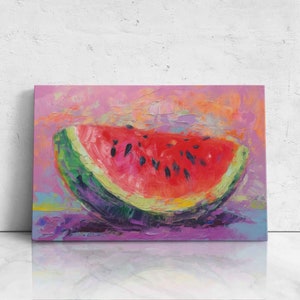 Watermelon Oil Painting On Colorful Background, Digital Print On Canvas, Framed Canvas, Kitchen Decor