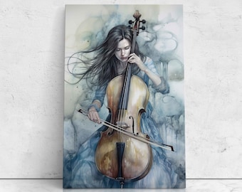 Melancholy Woman Playing Cello, Oil Painting On Canvas, Ready To Hang, Gift For Cello Players, Studio Decor