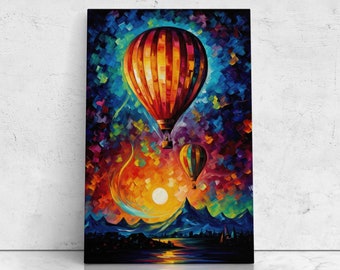 Hot Air Ballons Colorful Palette Knife Oil Painting, Digital Print On Canvas, Living Room Decor, Ready To Hang, Vibrant Colors