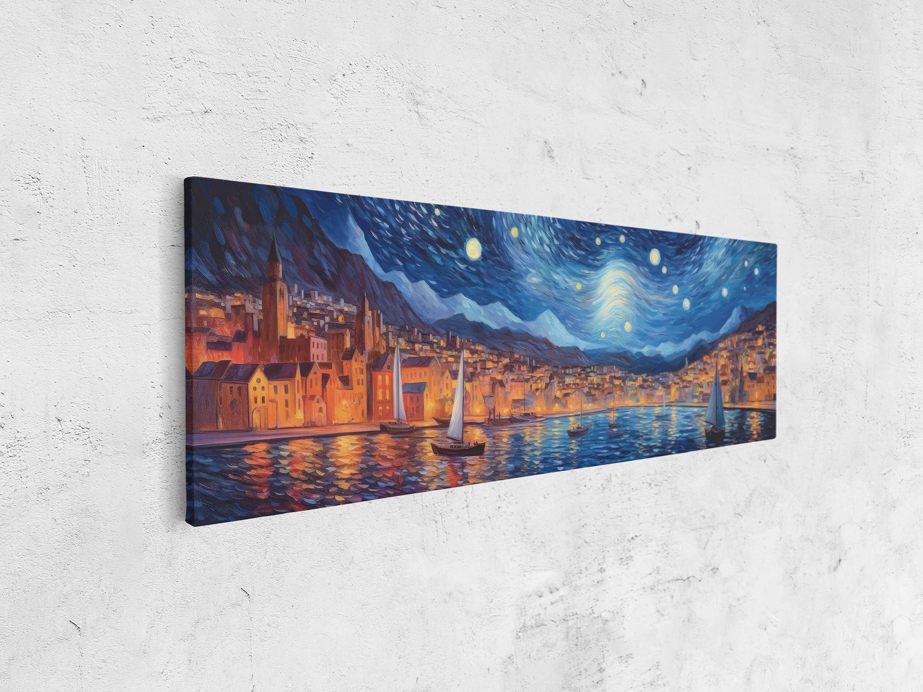 Panoramic Starry Night Sky Coastal Town Framed Canvas Print - Etsy