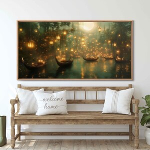 Mystical Lantern-Lit Gondolas, Wall Art Canvas Print, Fantasy River Scene, Moonlit Underwater
