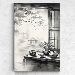 Japanese Ink Wash Black And White Painting, Framed Canvas Print, Ready To Hang