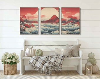 Ukiyo-e Ocean Waves Mountains Sunset, 3 Piece Wall Art, Vintage Japanese Art, Framed Canvas Print, Ready To Hang