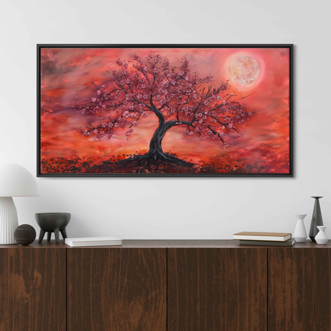 Vibrant Cherry Blossom Tree Painting, Cherry Blossom Petals, Vivid ...