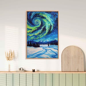 May include: A painting of a swirling aurora borealis over a snowy landscape with a mountain range in the distance. The sky is a deep blue with streaks of green and yellow light. The snow is white and the mountains are dark.