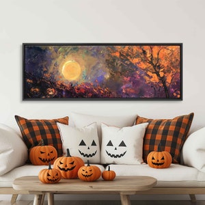 Sunset Over Pumpkin Patch Oil Painting Wall Art Canvas Print, Halloween Wall Art, Spooky Painting, Fall Colors, Ready To Hang