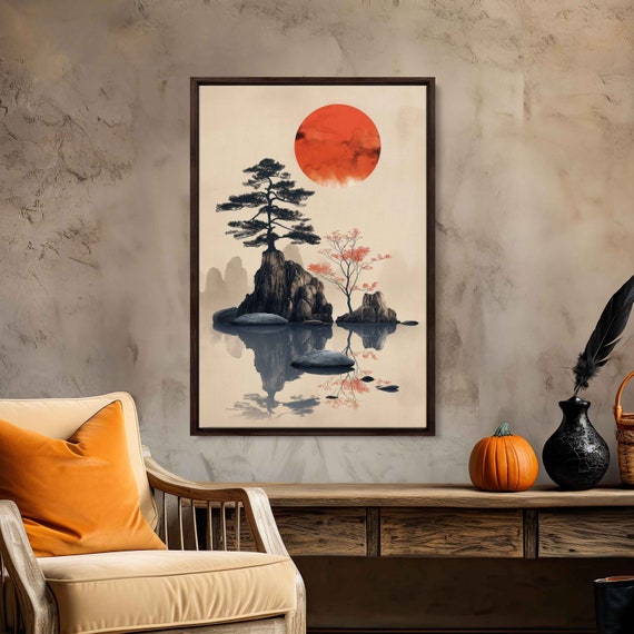 Japanese Zen Garden With Stepping Stones in Lake Wall Art Canvas