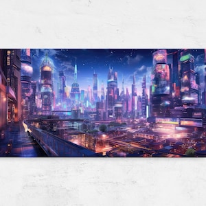 Neon Cyberpunk Futuristic Cityscape, Framed Canvas Print, Ready To Hang, Video Game Room Decor, Gift For Gamer