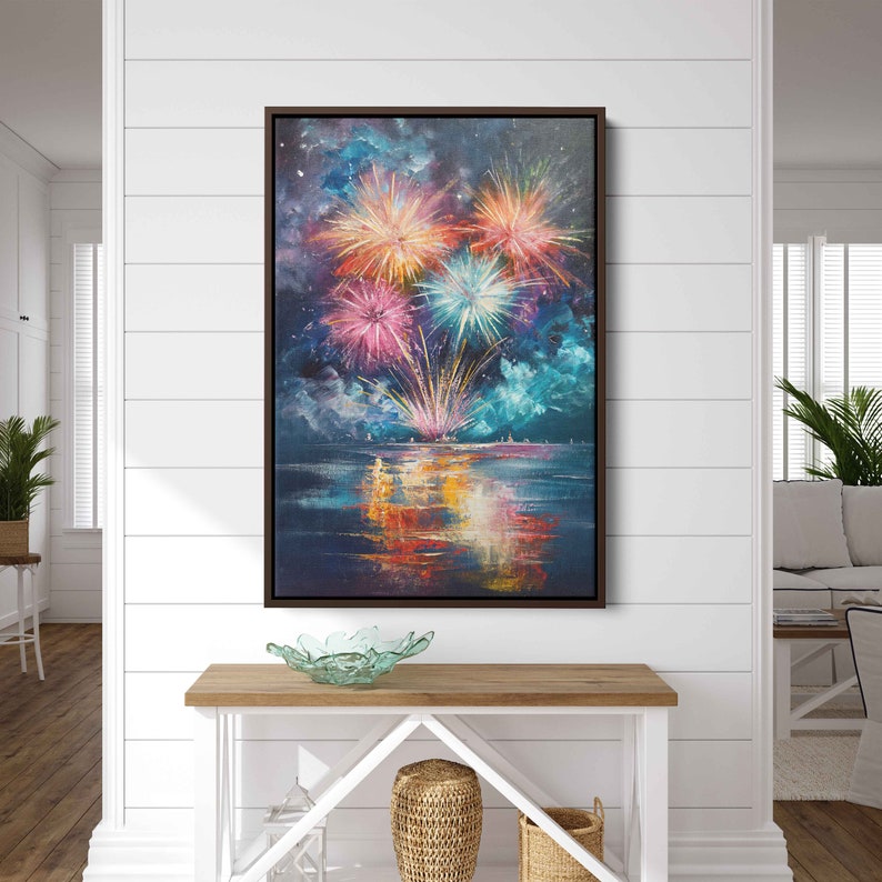 Exploding Fireworks Over Water Wall Art Canvas Print, Colorful Explosions In Sky, Ready To Hang image 8