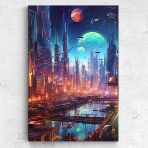 Neon Cyberpunk Futuristic Cityscape Wall Art, Framed Canvas Print, Ready To Hang, Vibrant Colors, Man Cave Art, Game Room Decor