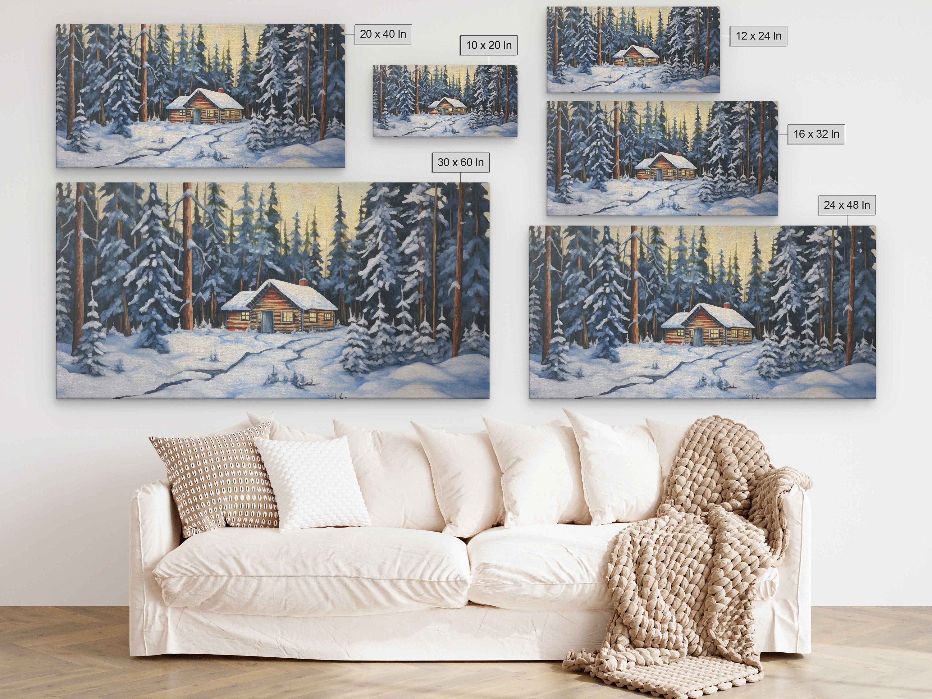 Snowy Log Cabin Landscape Painting, Framed Canvas Print, Ready to Hang ...