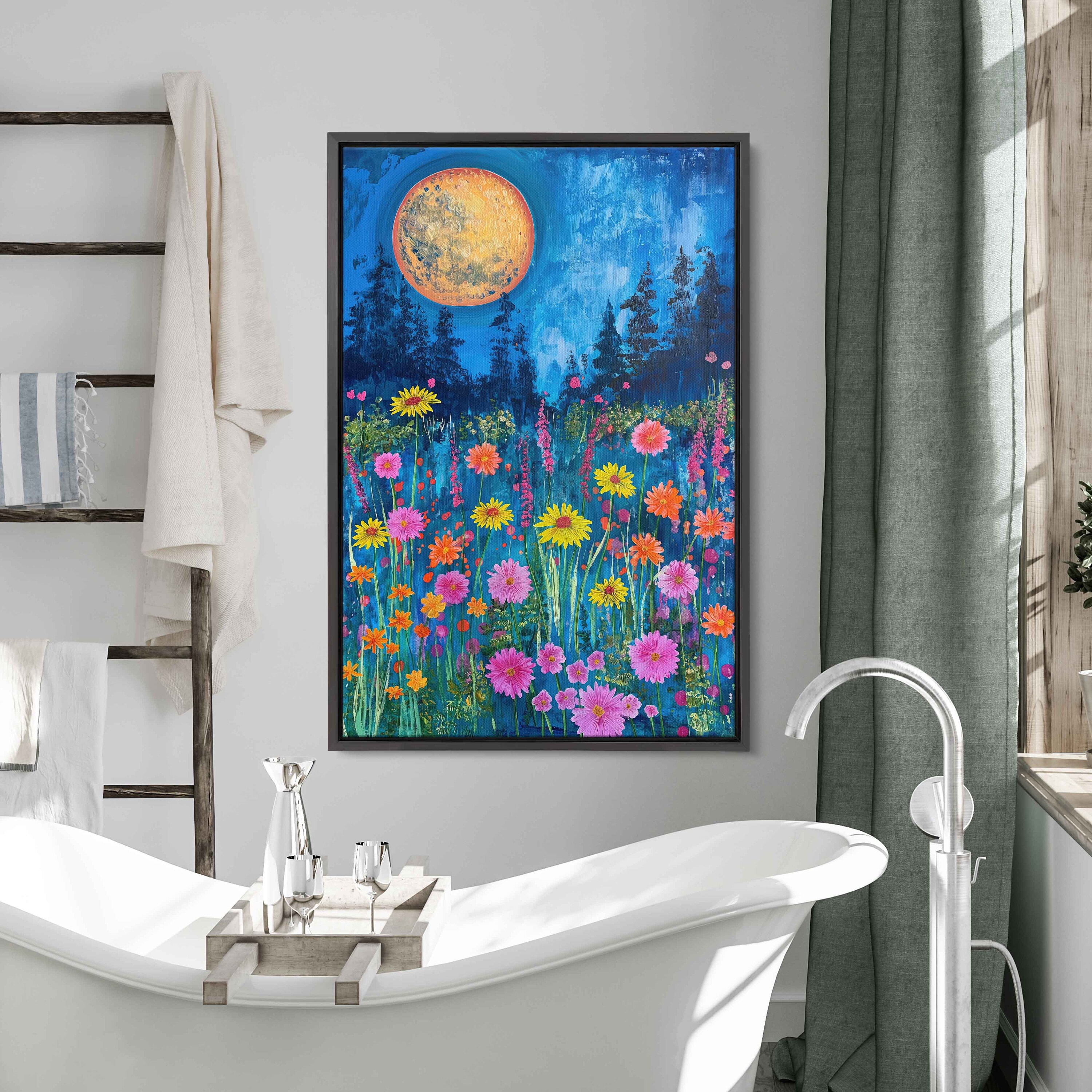 A Field of Wildflowers Under A Full Moon, Starry Night Sky, Canvas Wall ...