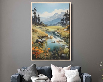 Watercolor Stream Wall Art Canvas Print, Rural Life, Old Wheat Fields, Muntain Range, Cloudy Skies, Ready To Hang