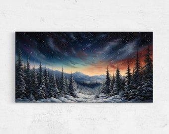 Winter Panoramic Landscape Painting, Framed Canvas Print, Ready To Hang