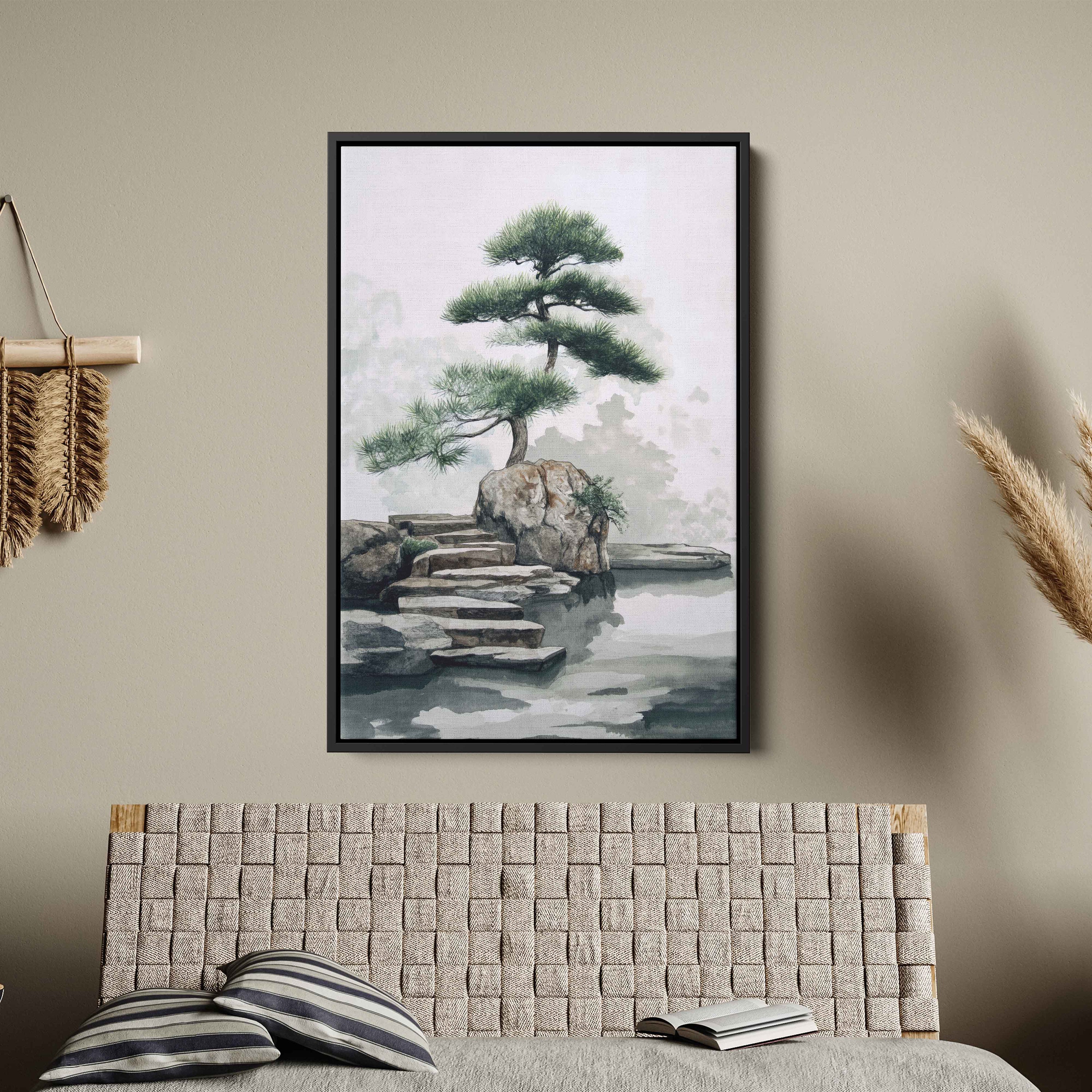 Japanese Zen Garden Watercolor Painting, Minimalist Canvas Wall