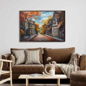 Cozy Autumn Village With Charming Cottages Acrylic Wall Art Canvas Print, Fall Foliage, Cabin Decor, Ready To Hang