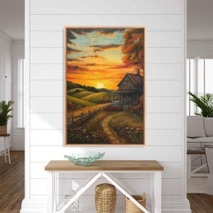 Rustic Farmhouse Sunset, Wall Art Canvas Print, Peaceful Landscape, Earthy Tones, Acrylic Art
