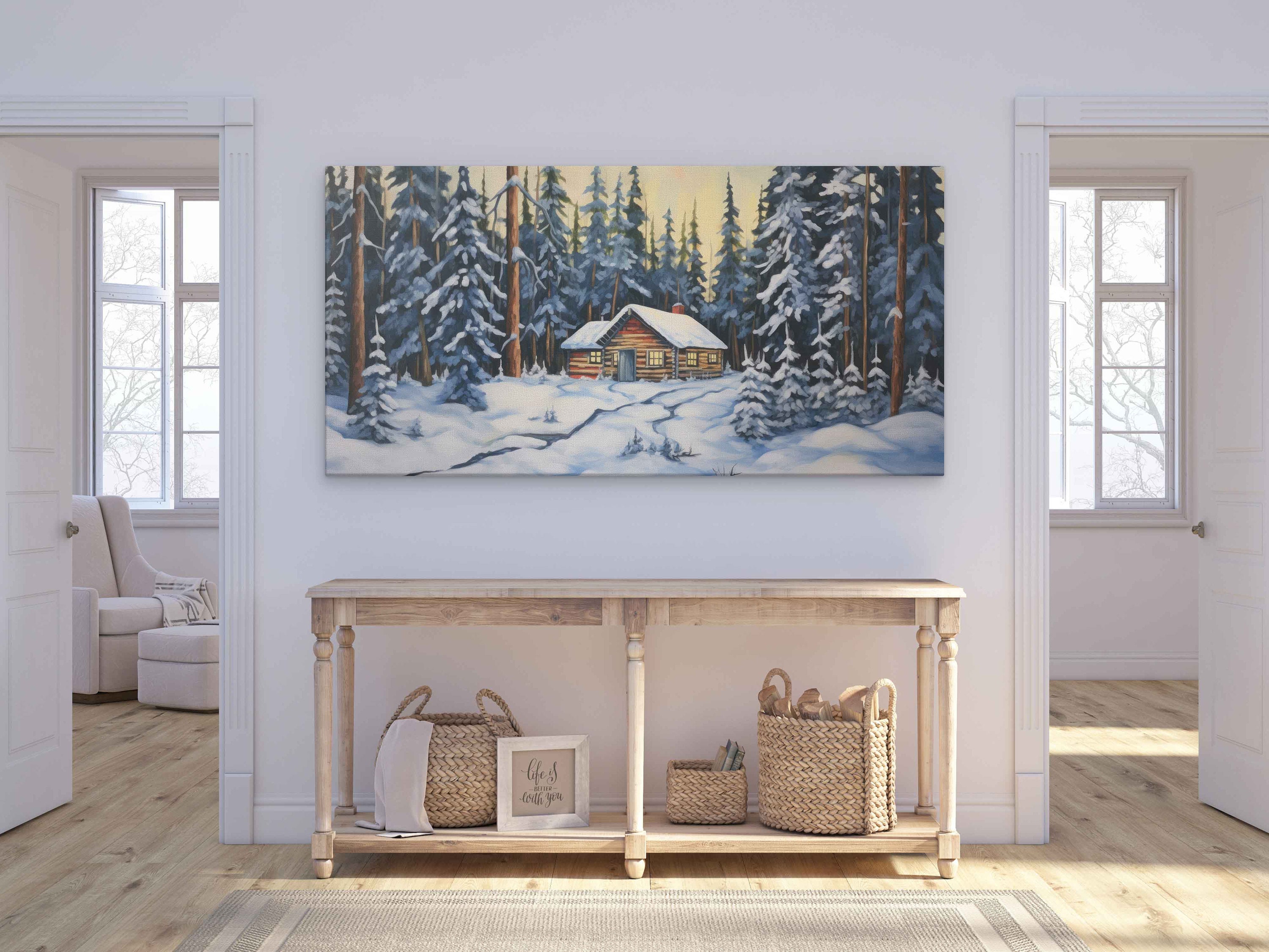 Snowy Log Cabin Landscape Painting, Framed Canvas Print, Ready to Hang ...
