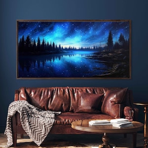 Glowing Night Sky Landscape Overlooking Woods Wall Art Canvas Print, Peaceful Flowing River, Celestial Reflection, Ready To Hang