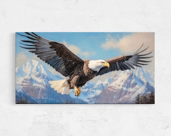 Bald Eagle Soaring Over Mountains Painting, Framed Canvas Print