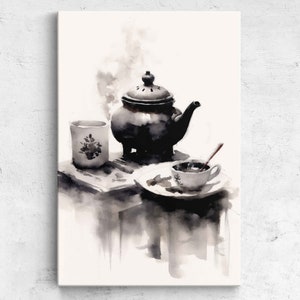 Japanese Black And White Ink Wash Tea Painting, Framed Canvas Print, Ready To Hang