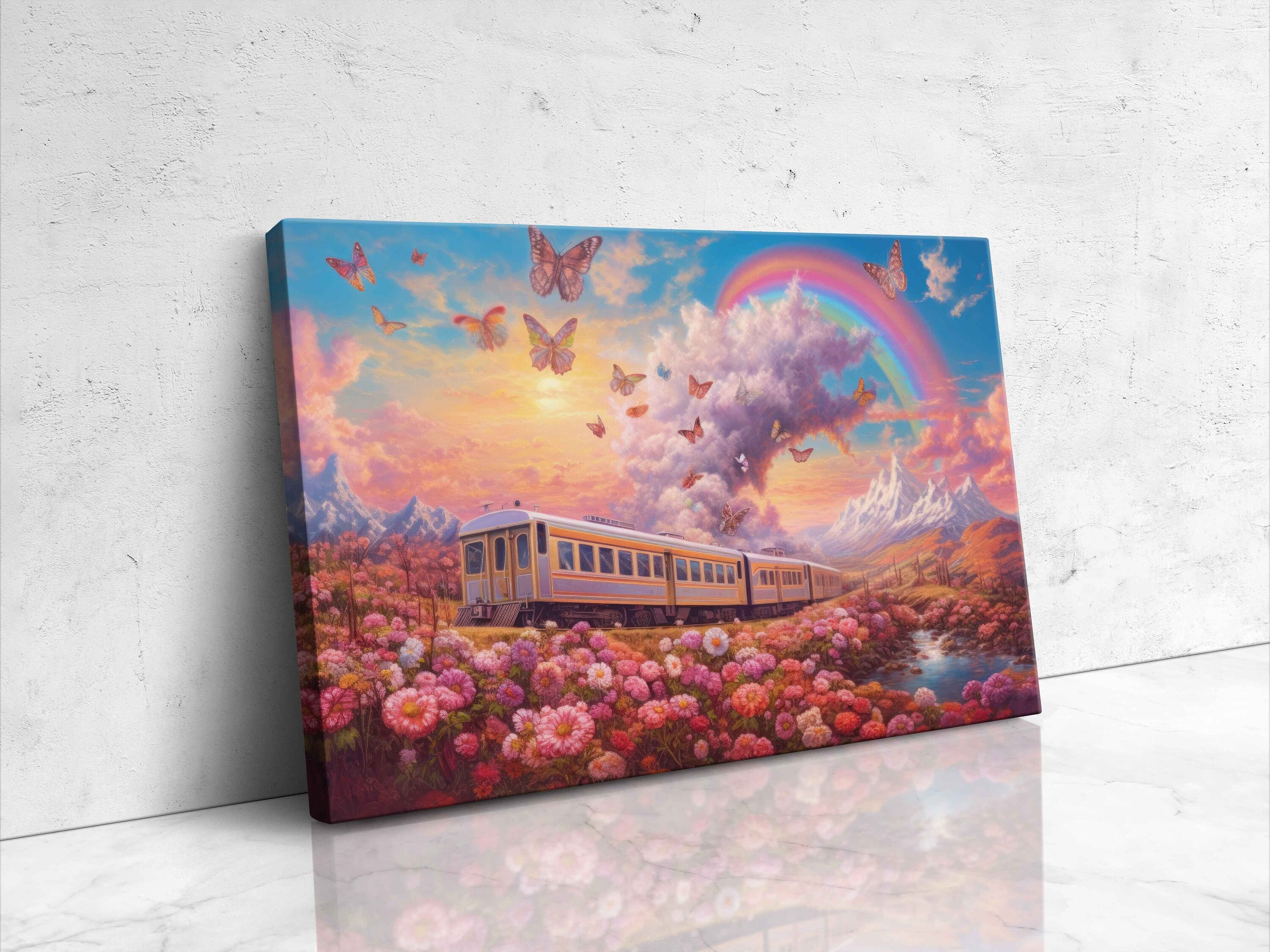 Dreamy World With A Train Butterflies and Rainbow Framed Etsy