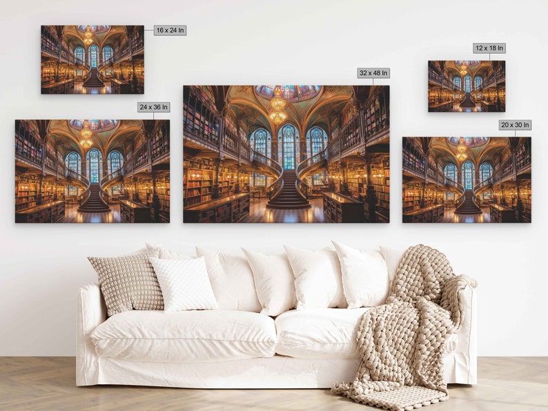 Grand Library Photorealistic Print, Framed Canvas Wall Art, Ready to ...