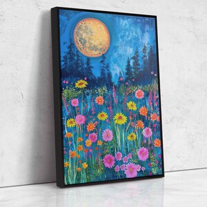 A Field of Wildflowers Under A Full Moon, Starry Night Sky, Canvas Wall ...