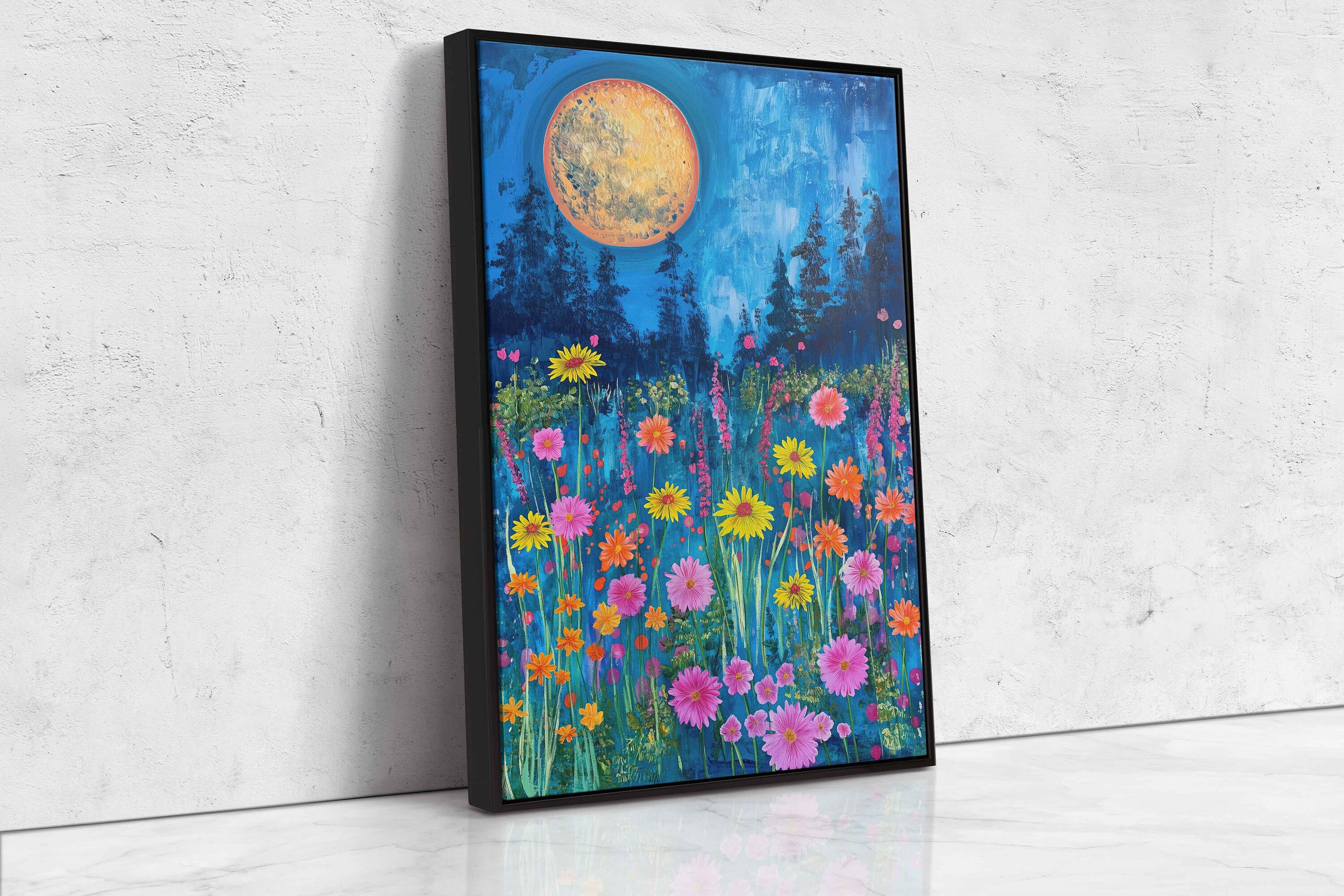 A Field of Wildflowers Under A Full Moon, Starry Night Sky, Canvas Wall ...